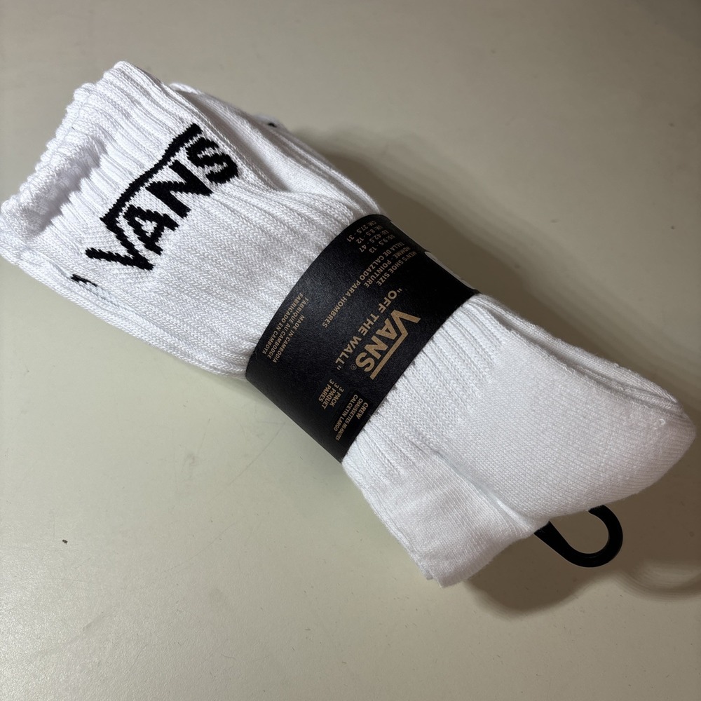 Vans Crew Socks Mens 9.5-13‎ White 3 Pack Classic Logo Ribbed VN000F0XWHT